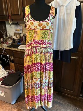 Y2K Tangiers Sz M Sleeveless Yellow & Pink Printed Midi Halter Dress